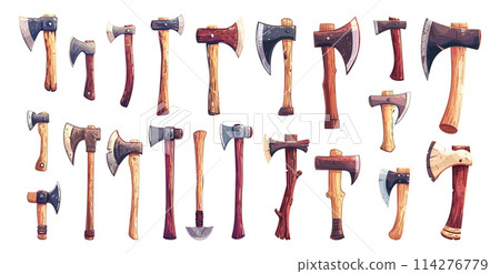 Cartoon Lumberjacks Axes Different Types. Collection of Woodcutting Tools for Forestry and Logging. Vector Illustrations 114276779
