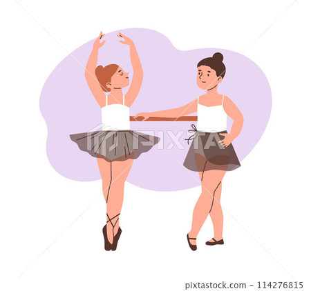 Beautiful young ballerinas in tutu skirt standing on toes, vector cartoon grace two girls ballet dance training practice 114276815