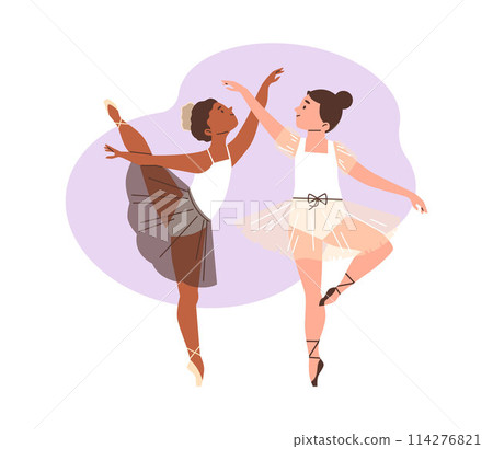 Beautiful young ballerinas in tutu skirt standing on toes, vector cartoon grace two girls ballet dance performance 114276821