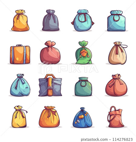Cartoon Bags Colourful Set. Flat pouches Isolated Vector Symbols. Various Hand-Drawn sacs Design Elements on White Background 114276823