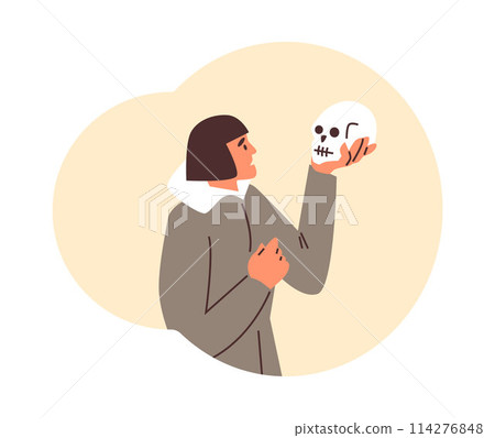 Theater actor playing a role Hamlet of Shakespear vector flat, man holding a skull in hand, speech monologue performance 114276848