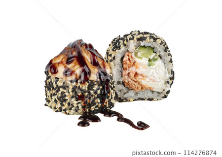 Sushi roll on a white background with Philadelphia cheese, tuna in sesame crumbs, sprinkled with soy sauce. Sushi roll on a white background with Philadelphia cheese, tuna in sesame crumbs, sprinkled with soy sauce. 114276874