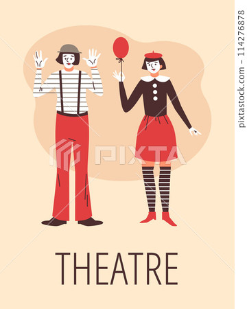 Mime theater artists couple vector flat poster, cartoon actors with white face makeup, comedy pantomime French performer 114276878