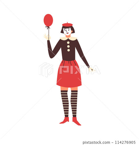 Mime theater female artist holding red balloon, vector cartoon actress with white face makeup, French comedy pantomimes 114276905