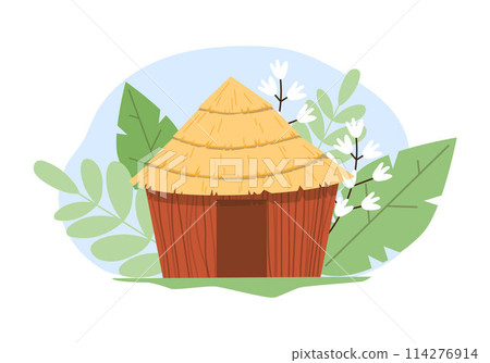 Rustic thatched hut in greenery vector illustration 114276914
