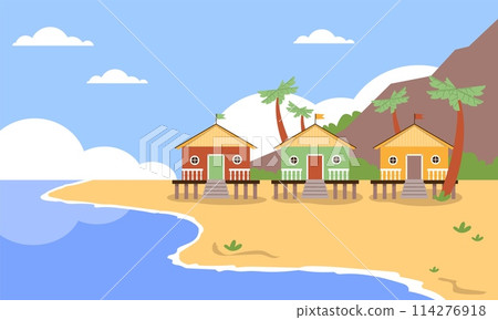 Vector images three wooden huts on the background of a beach with sea and mountain Vector images three wooden huts on the background of a beach with sea and mountain 114276918