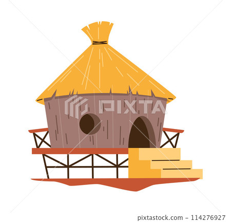 Vector illustration of a hut with a thatched roof on stilts. 114276927