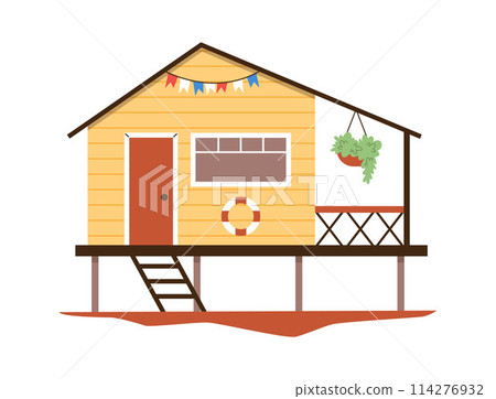 Cheerful beach hut on stilts vector illustration 114276932