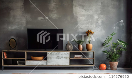 A nostalgic retro living room with a TV on a cabinet and book shelves in front of a textured ruined gray plaster wall , Generate AI A nostalgic retro living room with a TV on a cabinet and book shelves in front of a textured ruined gray plaster wall , Generate AI 114276950