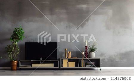 A nostalgic retro living room with a TV on a cabinet and book shelves in front of a textured ruined gray plaster wall  , Generate AI 114276968