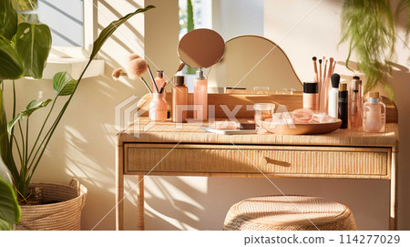 A stylish rattan wooden dressing table in sunlight, with the drawer ajar. Various beauty products , Generate AI 114277029
