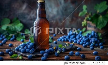 Bottle of blueberry beer on dark wooden surface, fresh blueberries and sprigs of hops. AI Generated Bottle of blueberry beer on dark wooden surface, fresh blueberries and sprigs of hops. AI Generated 114277158