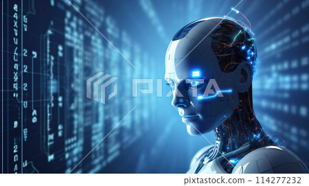 Artificial intelligence robot and binary ,Hologram of the artificial intelligence robot showing up from binary code , Generate AI 114277232