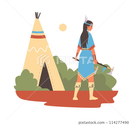 Native American woman with tomahawk vector illustration 114277490