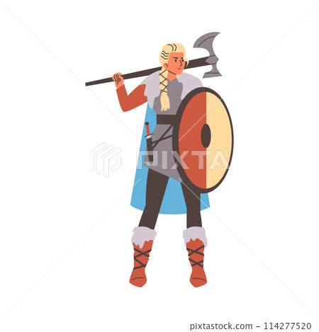 Medieval warrior woman with axe, knife and shield, armed blond girl Viking, vector cartoon female Scandinavian knight 114277520