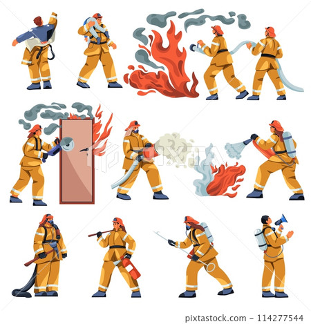 Cartoon fireman characters. Firefighters in uniform working rescue equipment extinguisher, emergency safety professional firefighter firemen occupation, recent vector illustration Cartoon fireman characters. Firefighters in uniform working rescue equipment extinguisher, emergency safety professional firefighter firemen occupation, recent vector illustration 114277544