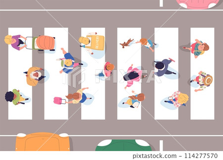 People crosswalk top view. Above walking crowd crossing street road or roadway, overhead busy pedestrians across city highway human silhouette aerial map classy vector illustration People crosswalk top view. Above walking crowd crossing street road or roadway, overhead busy pedestrians across city highway human silhouette aerial map classy vector illustration 114277570