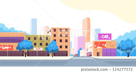 Panoramic road cityscape. Morning sunrise city street, winding road car traffic streets billboards on modern urban building, panorama town background classy vector illustration 114277572