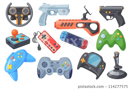 Videogame joypads. Game controller or joystick for remote control consoles arcade videogames, hipster gaming object retro video games gun Videogame joypads. Game controller or joystick for remote control consoles arcade videogames, hipster gaming object retro video games gun 114277575