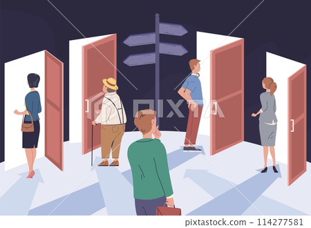 People finding route. Young person choice life paths in future educating career remembering past, find camino destiny right door 114277581