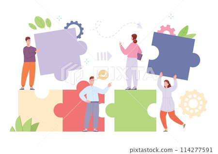 Building teamwork pieces. Creative partnership enterprise, business work partner build jigsaw connect puzzle together, teams challenge collaboration concept vector illustration Building teamwork pieces. Creative partnership enterprise, business work partner build jigsaw connect puzzle together, teams challenge collaboration concept vector illustration 114277591