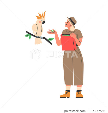 Smiling young woman zoologist feeding cute cockatoo Smiling young woman zoologist feeding cute cockatoo 114277596