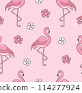 Seamless pattern with pink flamingo and flowers.  114277924