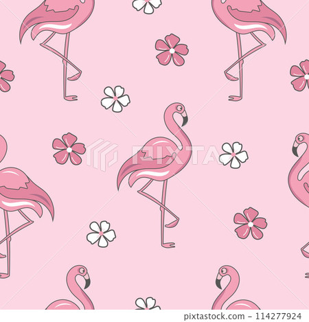 Seamless pattern with pink flamingo and flowers. Seamless pattern with pink flamingo and flowers. 114277924