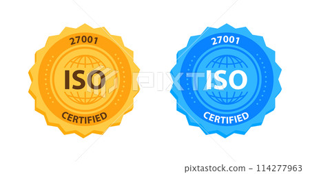 ISO 27001 Quality Management Certification Badge Gold and blue. Vector illustration 114277963