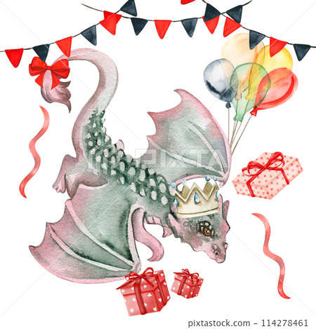 Watercolor hand drawn tropical cute dinosaurs birthday composition. Dino illustration perfect for design, wallpaper, scrapbooking, invitation, wedding or greetings card. 114278461