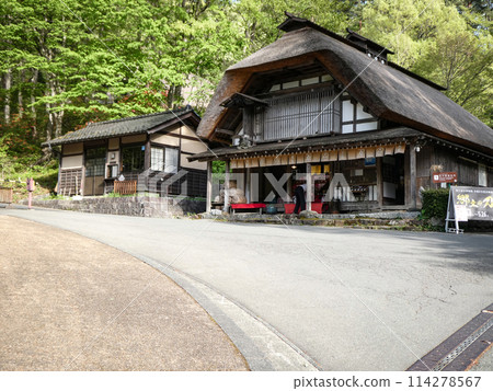 A May scene at Michinoku Ethnic Village in Kitakami, Iwate Prefecture. The thatched roof house of the Konno family, which has been in existence since the Edo period. 114278567