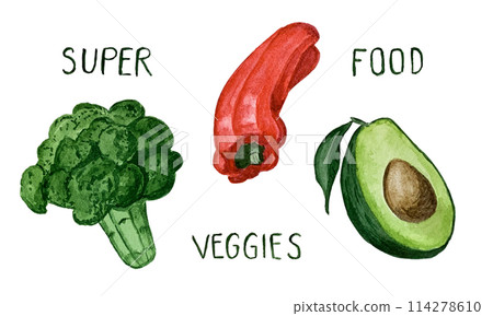 Set of hand drawn watercolor organic vegetables with words Super, food, veggies isolated on white background. Fresh painted green broccoli, red pepper and half of avocado. Vegan and vegetarian concept Set of hand drawn watercolor organic vegetables with words Super, food, veggies isolated on white background. Fresh painted green broccoli, red pepper and half of avocado. Vegan and vegetarian concept 114278610