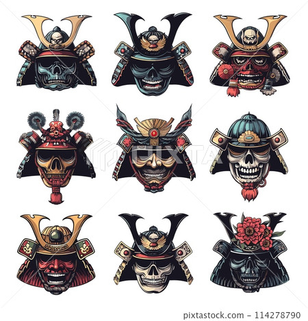 Samurai helmet tattoo, japan warrior head face in military mask of evil demon japanese or skull, angry fighter vintage sketch engraving set vector illustration Samurai helmet tattoo, japan warrior head face in military mask of evil demon japanese or skull, angry fighter vintage sketch engraving set vector illustration 114278790