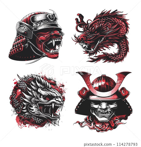 Samurai and dragon red head vintage tattoo sketch or stickers, medieval japanese warrior helmet mask evil fighter military mascot print emblem trash polka set vector illustration 114278793