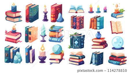 Magic book stack, magician library cartoon paper old books, candles witch crystals for witchcraft education, fantasy rpg game antique fairy tale literature set vector illustration 114278810