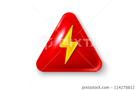 Lightning thunder, energy power bolt 3d icon. Realistic 3d electric danger triangle. Battery charge symbol. Lightning flash bolt, electric power and thunder yellow icon. Vector illustration 114278811