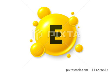 Vitamin E shining pill capsule icon. Shining golden substance drop. Meds ads. Medical nutrition for health. Pharmacy healthcare supplements. Vitamin E medicine. Vector illustration. 114278814
