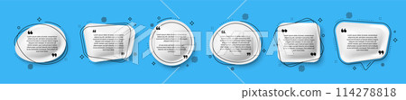 Set of 3d speech bubble icons with double quotes. Speak bubble text, chatting box, chat dialog icon. Speech bubbles with quotation text. Message box, talk cloud and think bubble. Vector illustration Set of 3d speech bubble icons with double quotes. Speak bubble text, chatting box, chat dialog icon. Speech bubbles with quotation text. Message box, talk cloud and think bubble. Vector illustration 114278818