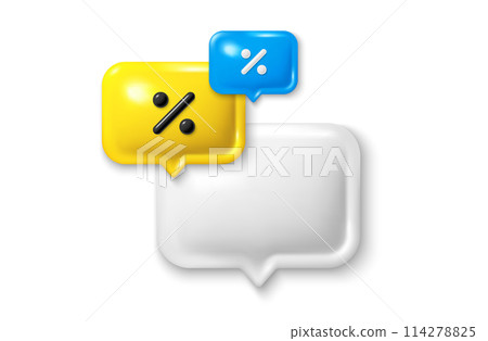 Speech bubble with percent discount 3d icon. Chat comment with sale symbol. Talk message box icon. Modern realistic 3d design. Discount speech bubble. Social media dialog banner. Vector illustration Speech bubble with percent discount 3d icon. Chat comment with sale symbol. Talk message box icon. Modern realistic 3d design. Discount speech bubble. Social media dialog banner. Vector illustration 114278825