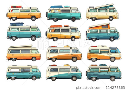 Cartoon campervan car icons, motorhome truck van cars for family journey trip or camping recreation, caravan bus tourist transport set vector illustration Cartoon campervan car icons, motorhome truck van cars for family journey trip or camping recreation, caravan bus tourist transport set vector illustration 114278863