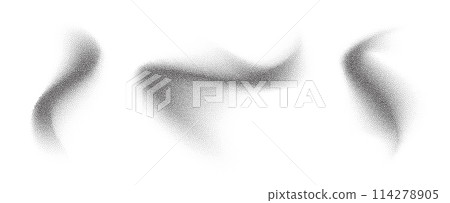 Dotwork abstract splashes, black noise grain texture, abstract stipple sand effect. Gradient wave dots shapes. Noise dots wave spray, fluid grain gradient black shapes. Vector illustration 114278905