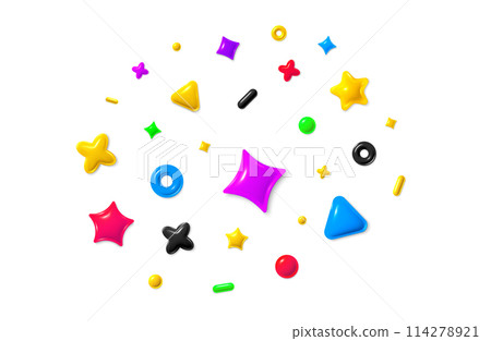 3d party confetti elements. Birthday festive shapes. Anniversary, carnival shapes. 3d star, circle and triangle. Party fun, surprise or birthday 3d confetti elements. Vector illustration 114278921