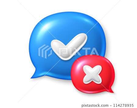 Right and wrong 3d speech bubbles. Quiz answer time game. Glossy round icons with a checkmark, cross. Check icon, rejection and wrong cross. Right and wrong quiz answers. Vector illustration 114278935