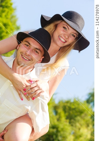 Happy couple having romantic date in park Happy couple having romantic date in park 114278978