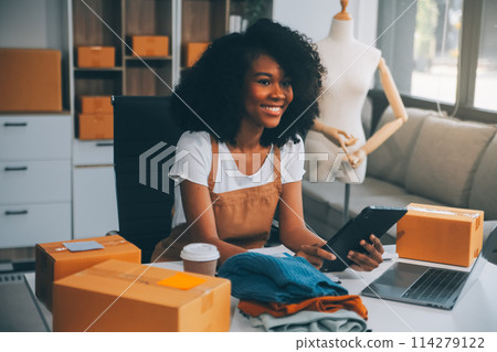 Startup SME small business entrepreneur of freelance Asian woman wearing apron using laptop and box to receive and review orders online to prepare to pack sell to customers, online sme business ideas. 114279122