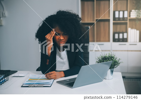 Overworked businesswoman stress from work or upset after finishing meeting. Emotional pressure, stress at work concept Overworked businesswoman stress from work or upset after finishing meeting. Emotional pressure, stress at work concept 114279146