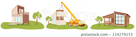 Modular homes set. Wooden eco-friendly modular houses. New modular housing concept. Modular homes exterior designs 114279153