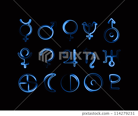 Vector isolated illustration of planet icons set. Astrological designations. Neon signs of the planets for astrologers and palmists. 114279231