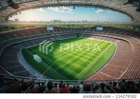 A soccer field with a large crowd of people spectators fans watching the game view. The stadium is lit up with bright flood spotlights ready for a match game 114279382