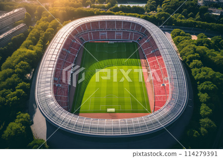 Aerial bird eye top view of a soccer football field stadium 114279391